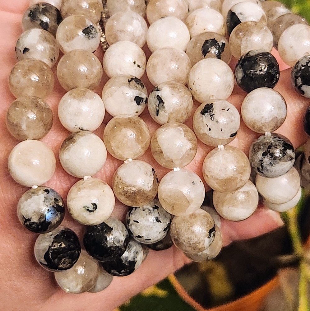 Rainbow Moonstone and Smokey Quartz 10mm Beaded Crystal Stretch Bracelet - Picture 3 of 4